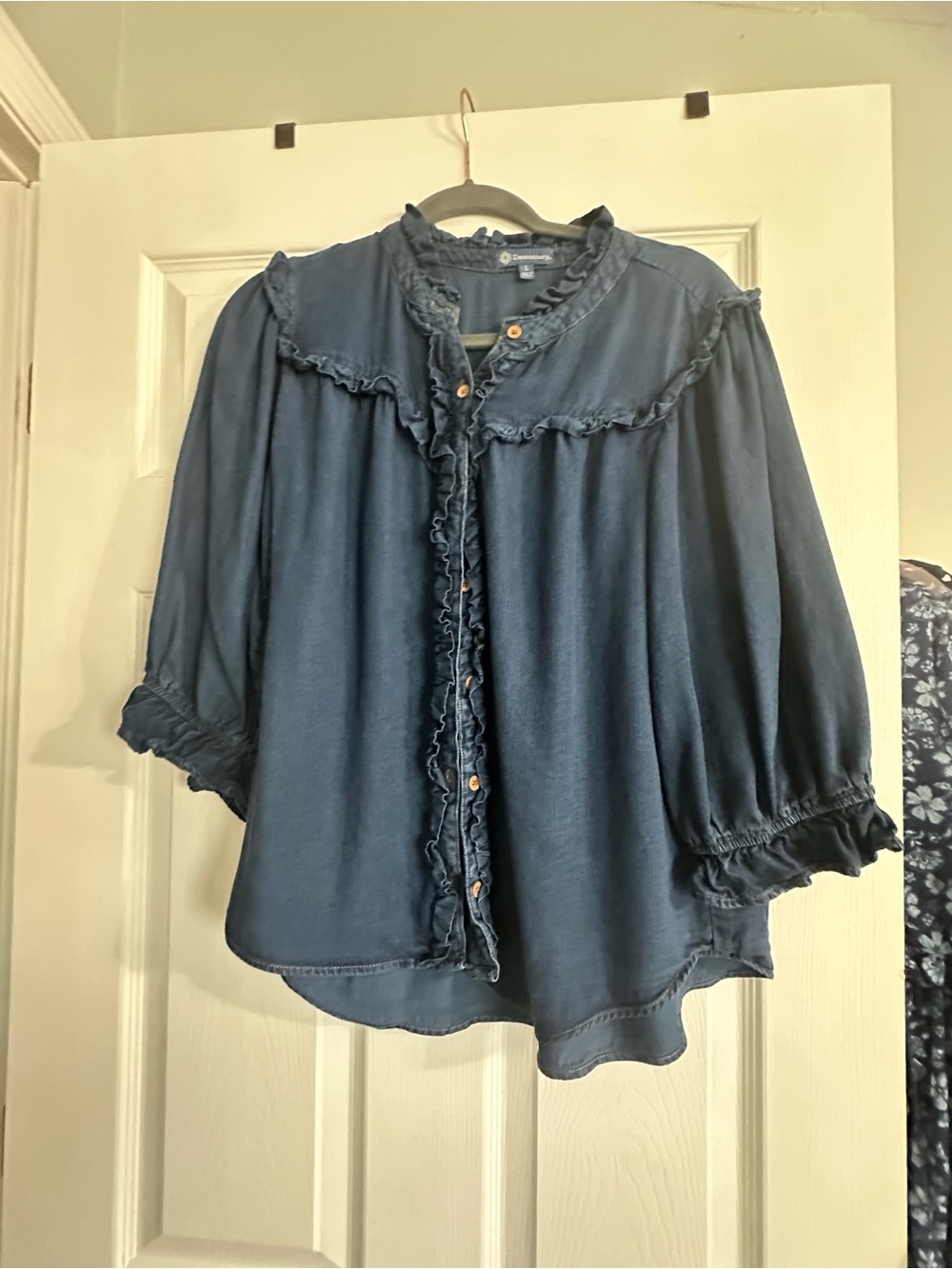 Democracy Ruffle-Trim Button Front Blouse in Denim Blue
